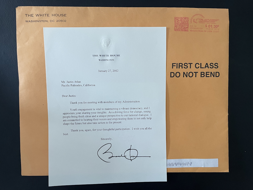 Letter from President Barack Obama to Justin Atlan on White House letterhead, beside the first-class mailing envelope